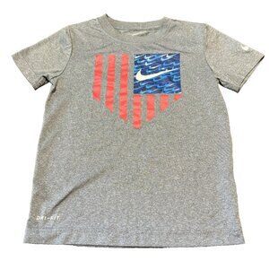 Boys 6 M Medium Nike Dri-FIT Red White Blue Logo Graphic Gray Athletic Cut Tee